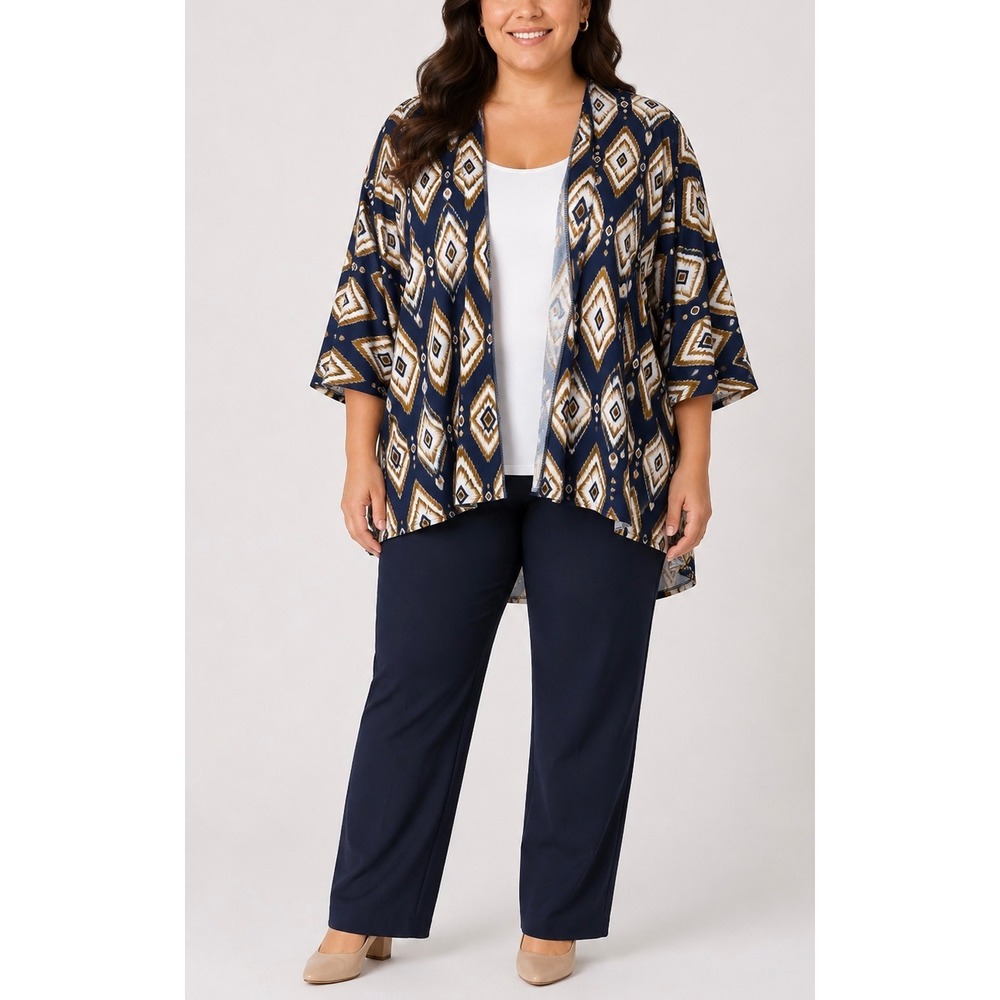 LuLaRoe Lindsay Kimono Women M Blue Gold Ikat Diamond Geometric Boho Cardigan